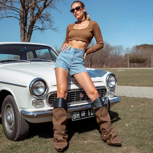 Women Brown Suede Detachable Snap-off Panel Fold Over Fall Shark Knee High Boot - Picture 4 of 8